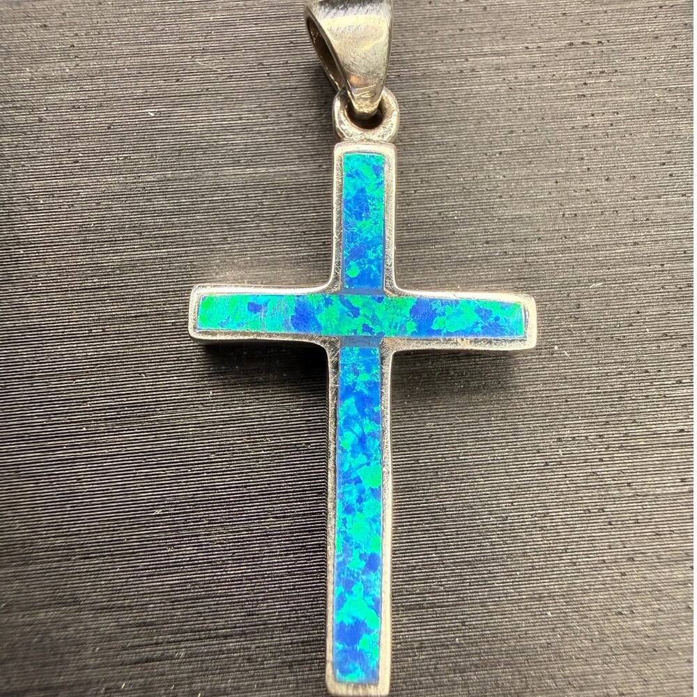 Solid 925 Sterling Silver Blue Lab Opal Cross Pedant 1.3" Tall 3mm Bail